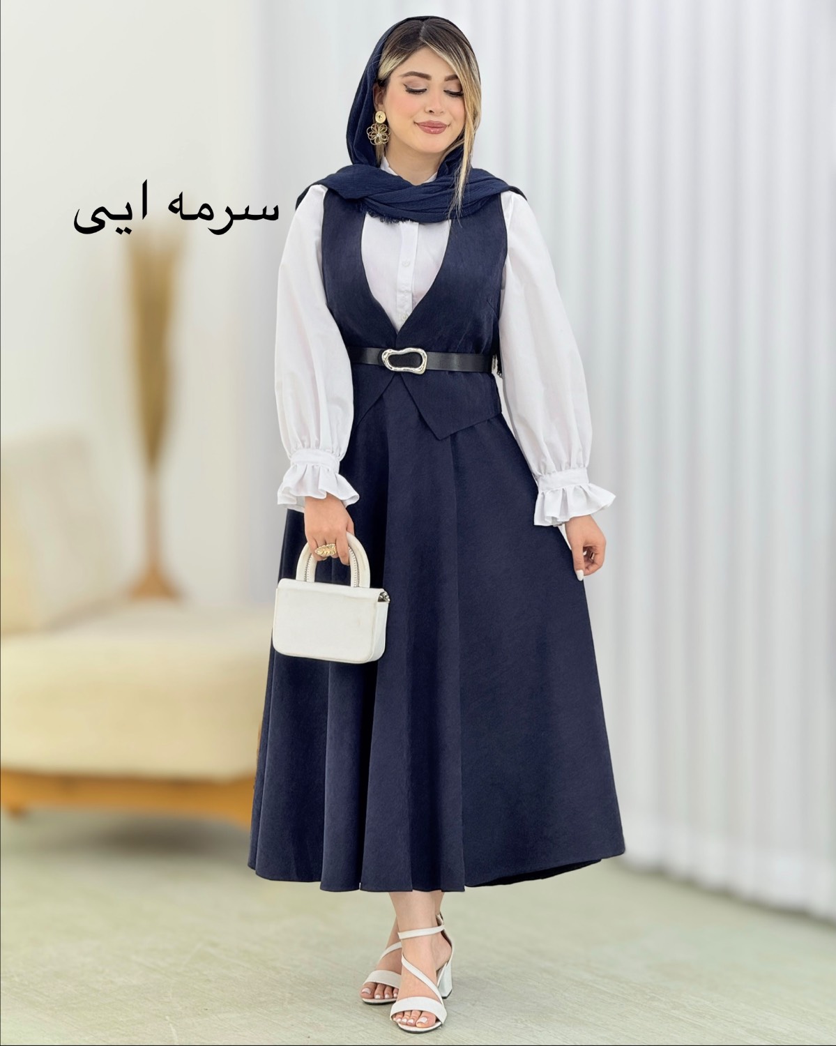 ست 4 تکه شومیز، جلیقه، دامن و کمربند آستین عروسکی کد 411